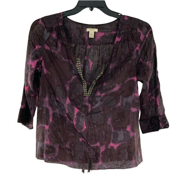 J. Crew Top Women's Size 4 3/4 Multicolor Sleeve Beaded V-Neckline Casual Blouse - Picture 1 of 9